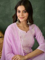 Thumbnail for The52 Purple Women's Gorgeous Cotton Blend Fabric Thread Work Straight Kurta, Pant and Dupatta Set - Distacart