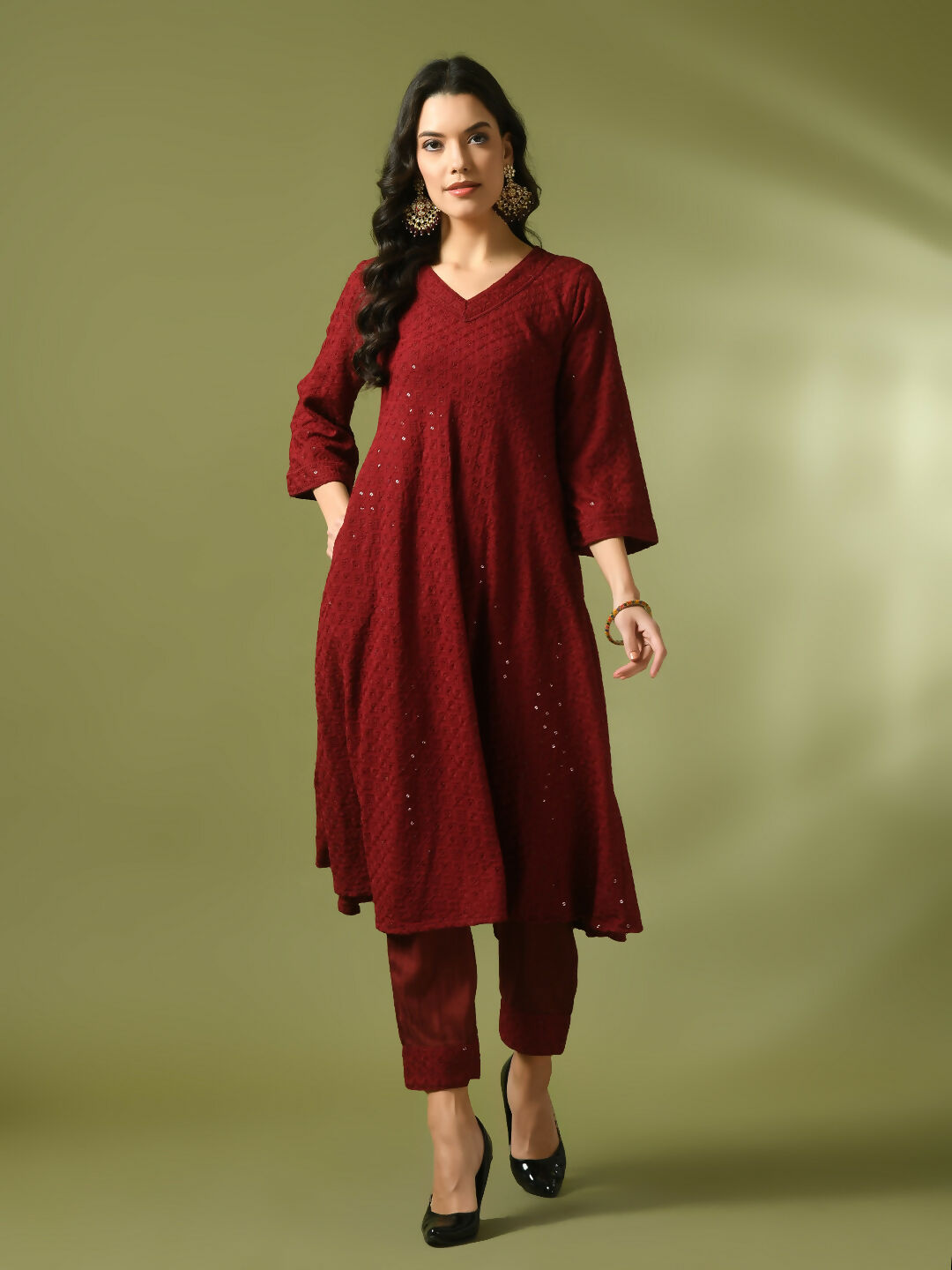 Myshka Women's Maroon Embroidered Cotton A-Line Party Kurta Set - Distacart