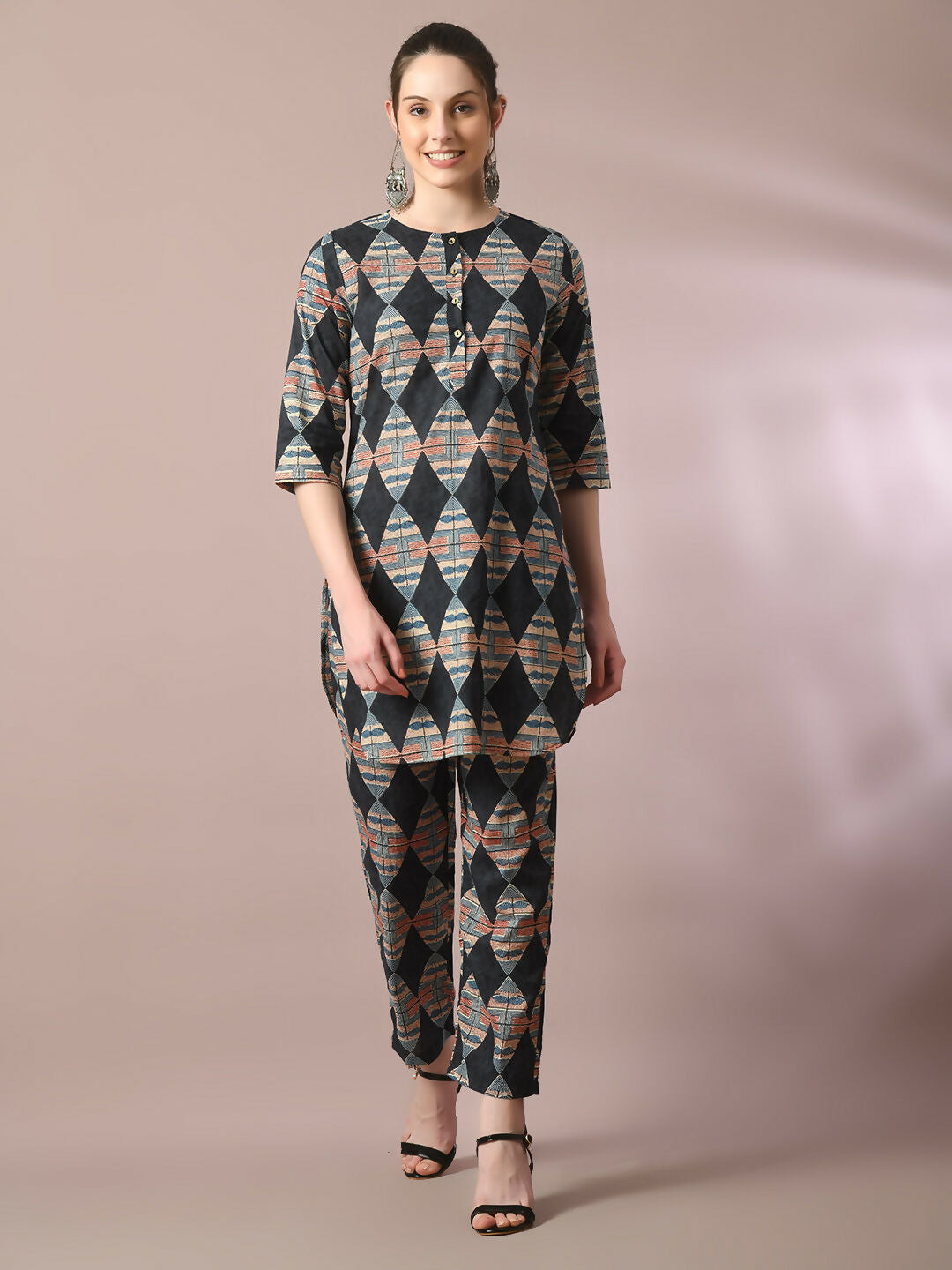 Myshka Women's Multi Printed Cotton Round Neck Party Tunic With Trousers Co-ord set - Distacart