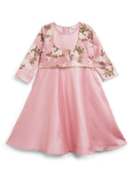 Thumbnail for Ahalyaa Girls Pink Poly Silk Solid Kids Kurta With Printed Jacket