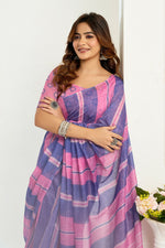 Thumbnail for Vastranavya Pink Blue Digital Printed Linen Ready To Wear Designer Saree with Unstitched Blouse - Distacart