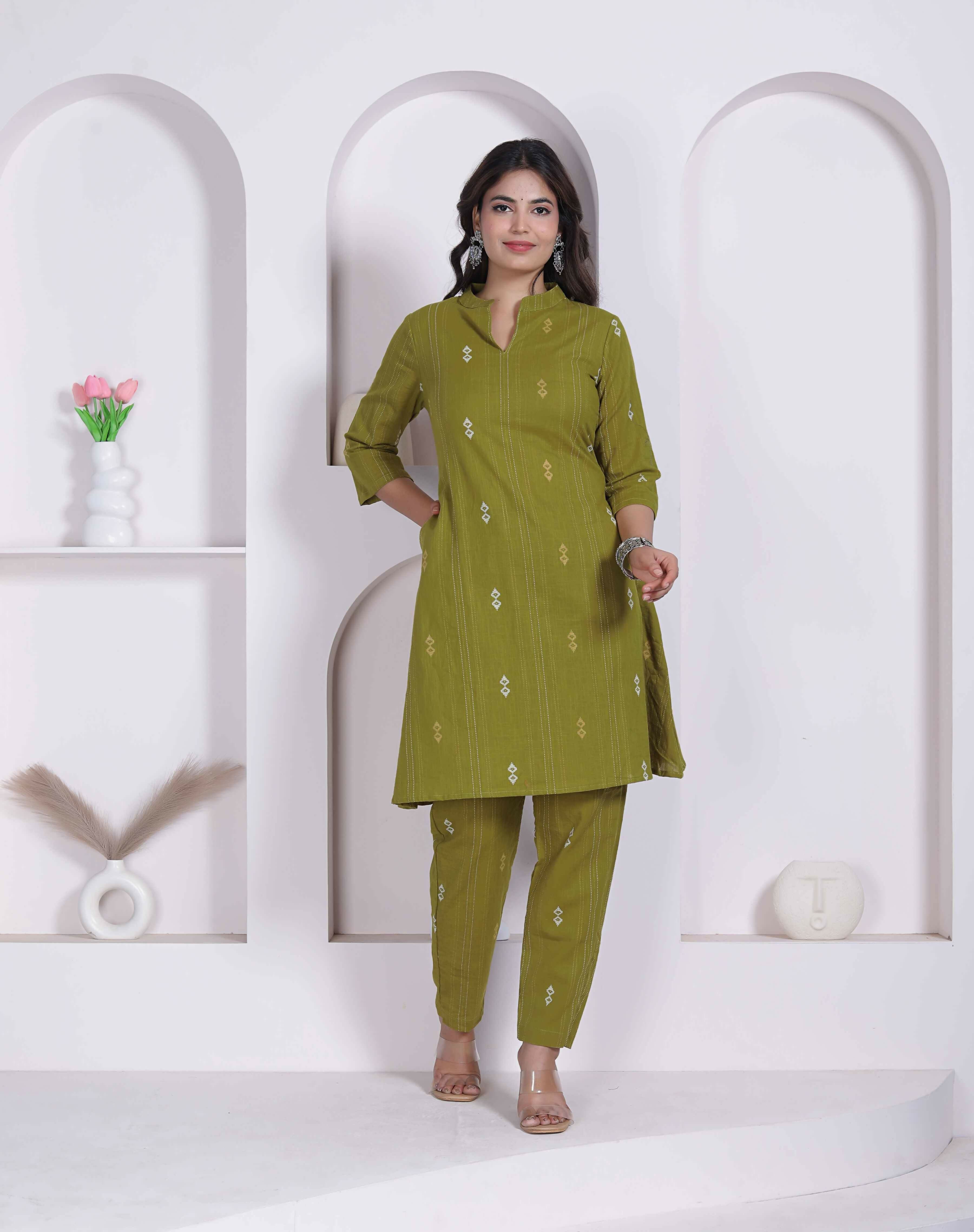 Miravan Womens Green Printed Cotton Straight Kurta With Palazzo - Dista