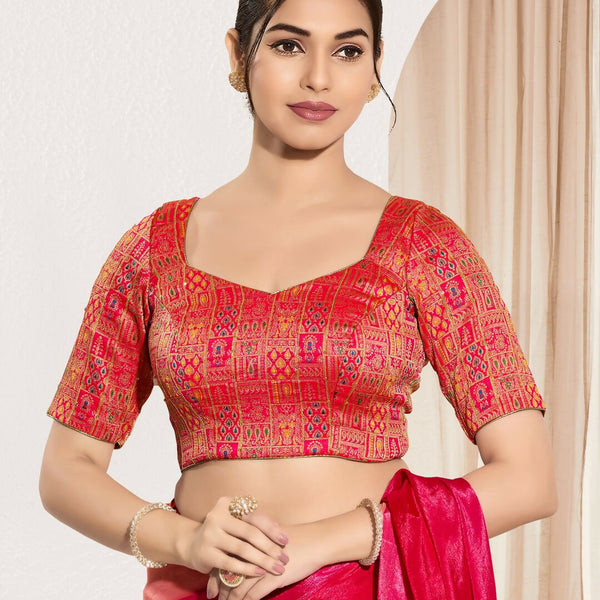 Joban Fashion Red Brocade Padded Blouse With Round Neck Elbow Sleeves - Distacart
