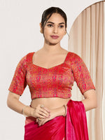 Thumbnail for Joban Fashion Red Brocade Padded Blouse With Round Neck Elbow Sleeves - Distacart