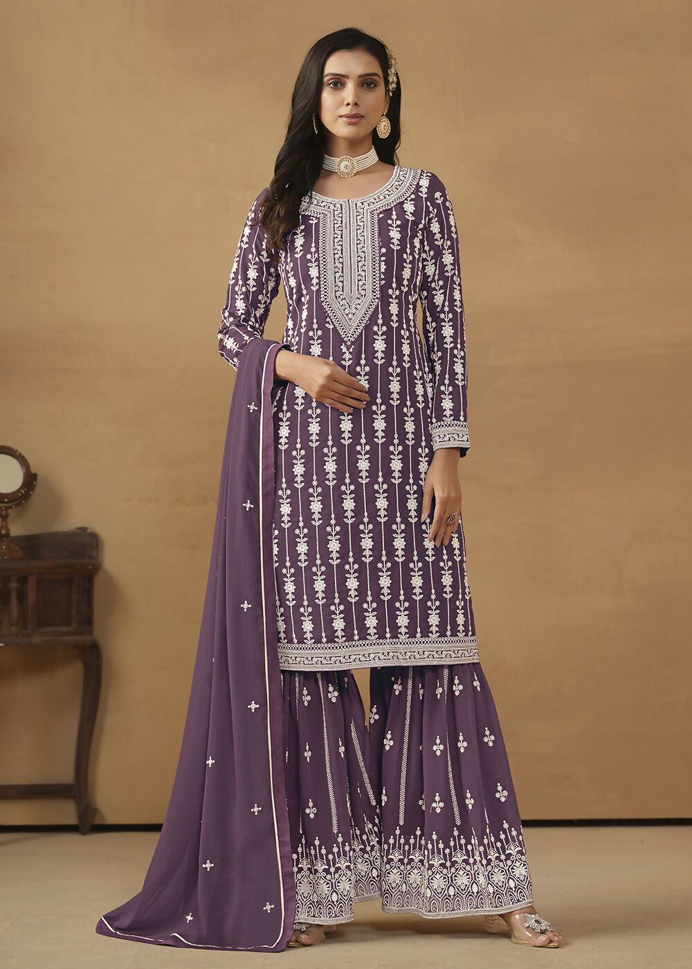 Radiant Purple Embroidered Wedding Festive Gharara Suit - Emponline - Distacart