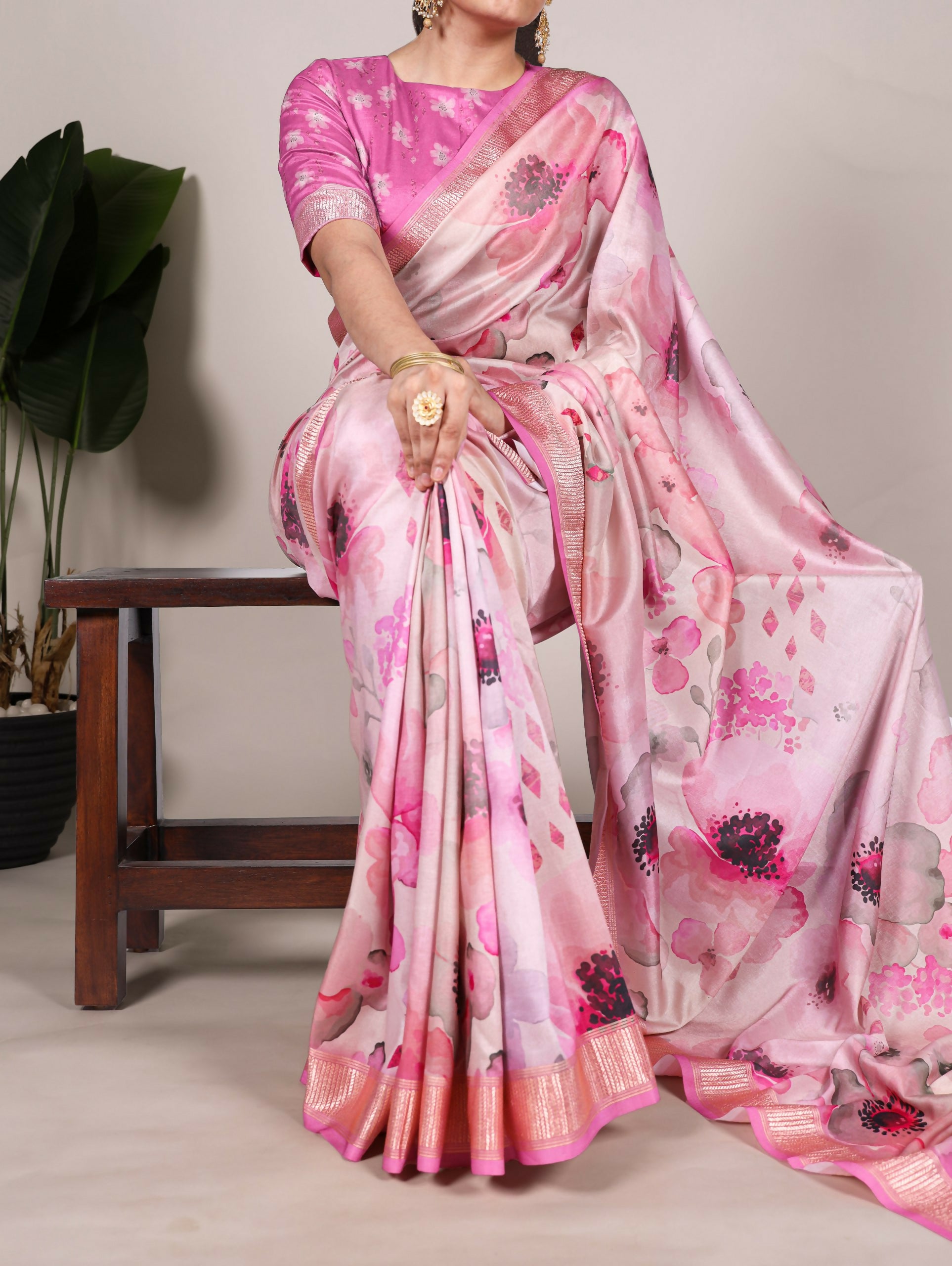 Vastranavya Pink Tussar Silk Printed with Viscose Border Saree with Unstitched Blouse - Distacart