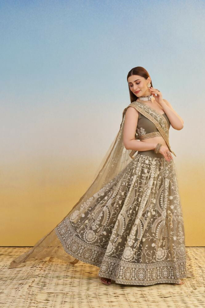 Aastha Fashion Ivory Butterfly Net White Cotton Thread Work And Sequence Work Embroidery Wedding Wear Lehenga Choli - Distacart