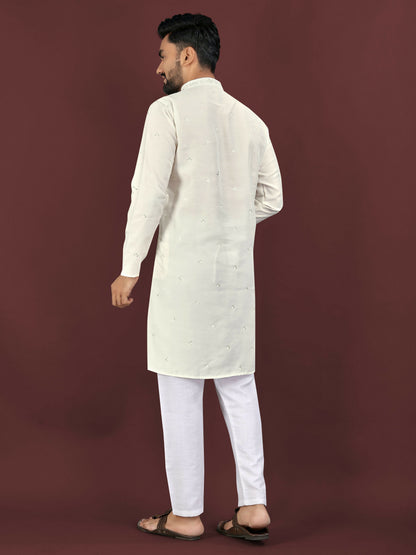 Anaita Beige Embroidered Silk Straight Kurta - Distacart
