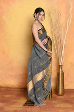 Thumbnail for Very Much Indian Handloom Pure Cotton Linen Saree With Golden Border - Grey Gold - Distacart