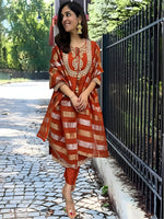 Thumbnail for The52 Orange Women's Gorgeous Embroidered work Chanderi Fabric Straight Kurta, Pant and Dupatta Set - Distacart