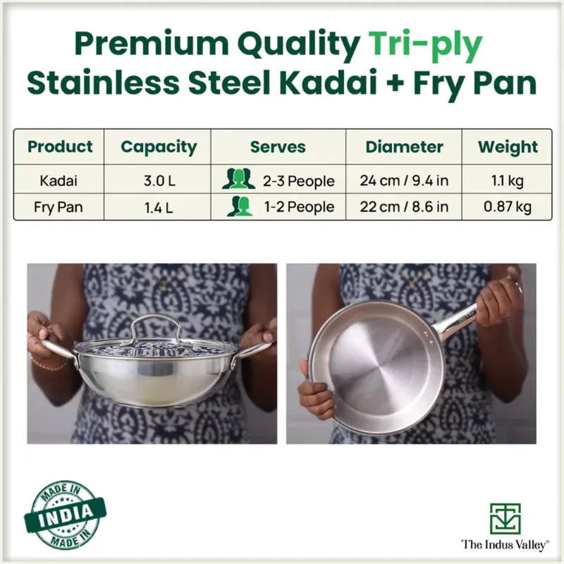 The Indus Valley TurboCuk Tri-ply Stainless Steel Cookware Set: 3L Kadai with Lid + 1.4L Fry Pan, Premium Quality, 3 Layer Thick Body, 100% Toxin-free, Non-stick, Induction & Gas