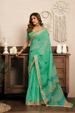 Thumbnail for Joban Fashion Teal Green Ikkat Linen Ready To Wear Saree With Unstitched Blouse - Distacart