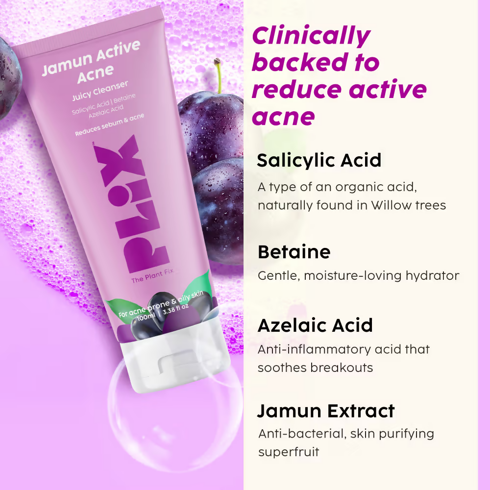 PLIX The Plant Fix Jamun Active Acne Regime - Cleanser, Acne Mark Serum, Moisturizer & Body Wash For Women & Men - Distacart