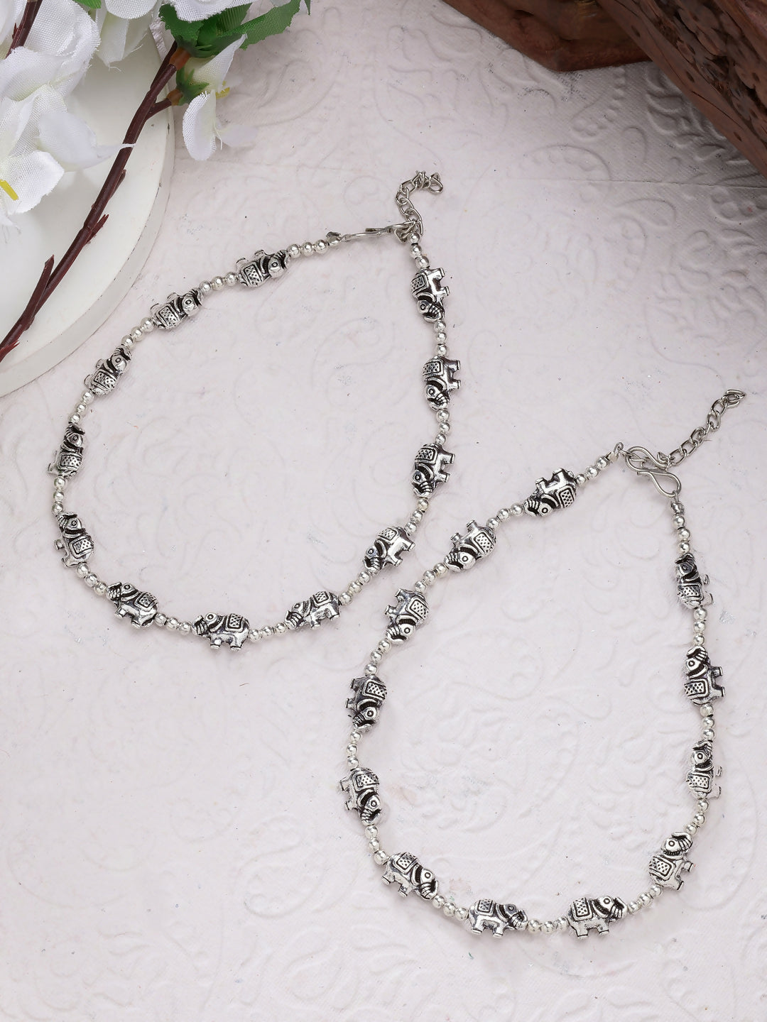 NVR Women's Set of 2 Silver-Plated Elephant Design Anklets - Distacart
