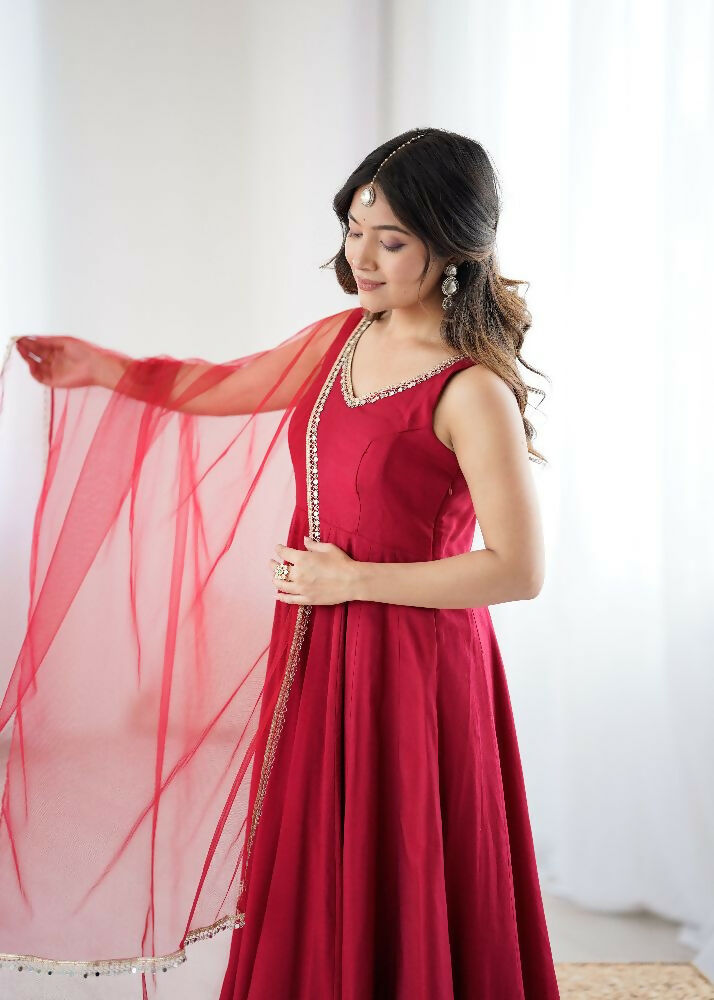 Joban Fashion Maroon Kurta Set Chanderi Sequence Embroidery Work