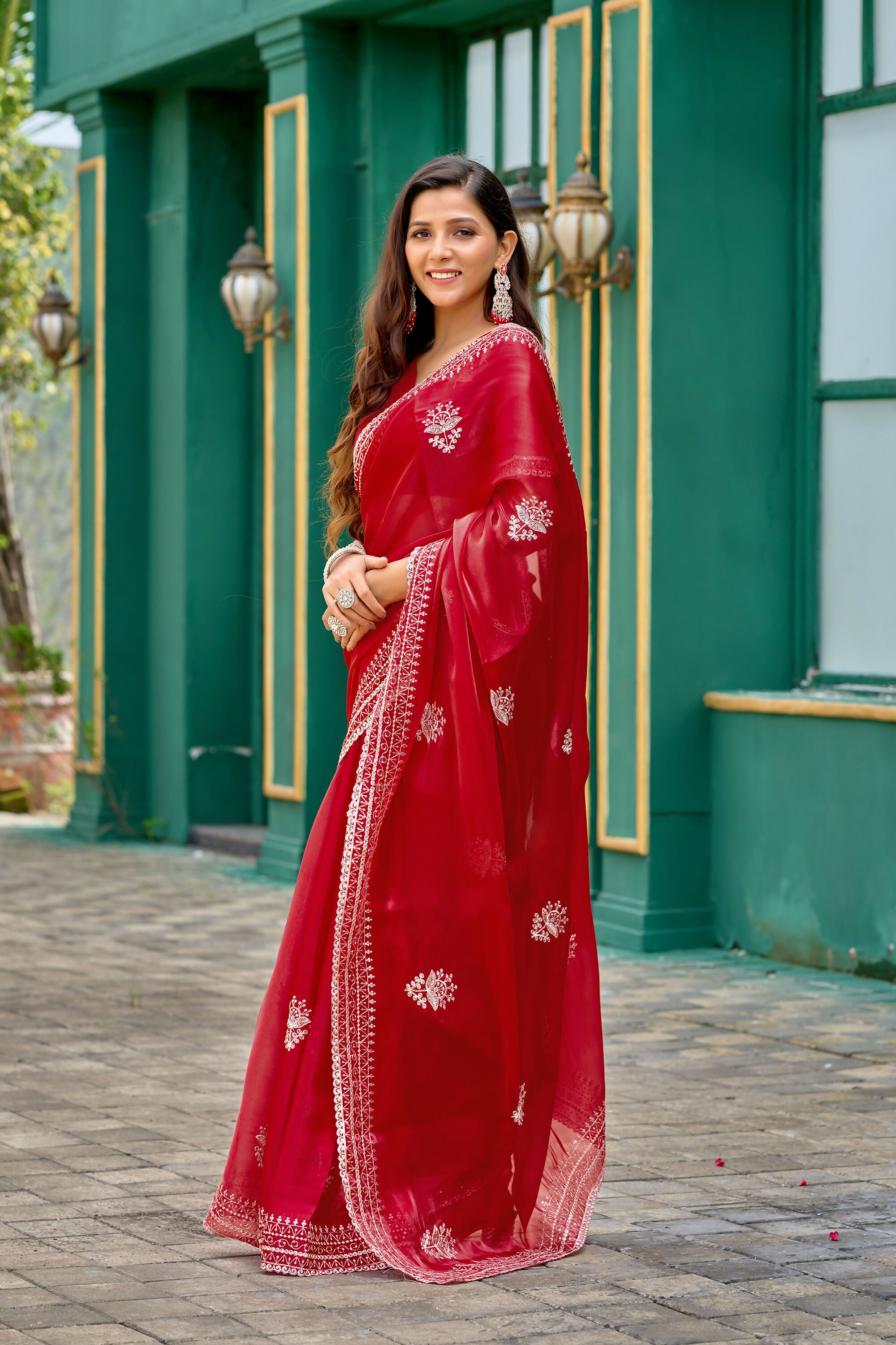 Vastranavya Red Embroidery Work Shimmer Chiffon Saree with Unstitched Blouse