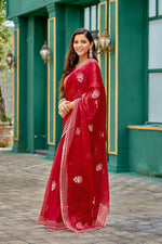 Thumbnail for Vastranavya Red Embroidery Work Shimmer Chiffon Saree with Unstitched Blouse