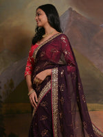 Thumbnail for NOZ2TOZ Women's Georgette Burgundy Embellished Designer Saree With Blouse Piece - Distacart