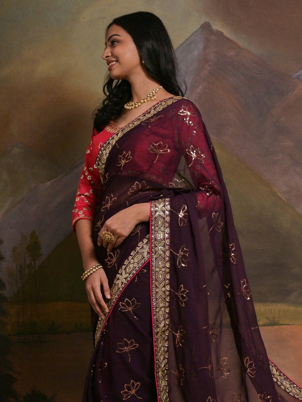 NOZ2TOZ Women's Georgette Burgundy Embellished Designer Saree With Blouse Piece - Distacart