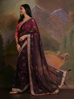 Thumbnail for NOZ2TOZ Women's Georgette Burgundy Embellished Designer Saree With Blouse Piece - Distacart