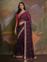 Thumbnail for NOZ2TOZ Women's Georgette Burgundy Embellished Designer Saree With Blouse Piece - Distacart