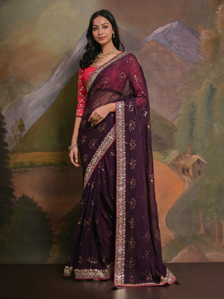 NOZ2TOZ Women's Georgette Burgundy Embellished Designer Saree With Blouse Piece - Distacart