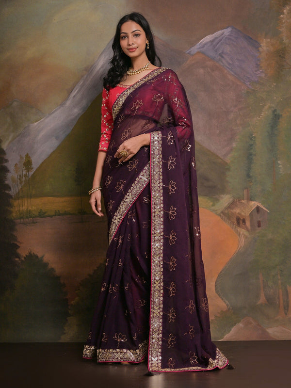NOZ2TOZ Women's Georgette Burgundy Embellished Designer Saree With Blouse Piece - Distacart