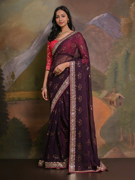 NOZ2TOZ Women's Georgette Burgundy Embellished Designer Saree With Blouse Piece - Distacart