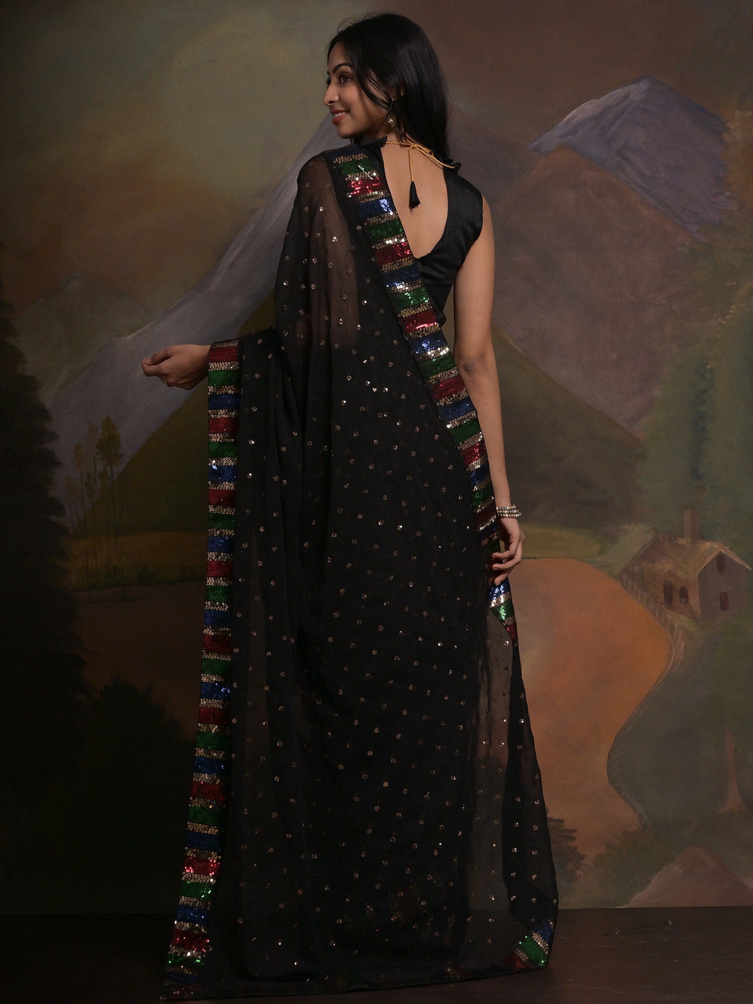 NOZ2TOZ Women's Georgette Black Embellished Designer Saree With Blouse Piece - Distacart