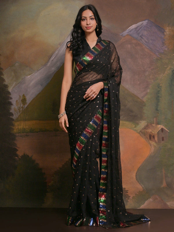 NOZ2TOZ Women's Georgette Black Embellished Designer Saree With Blouse Piece - Distacart