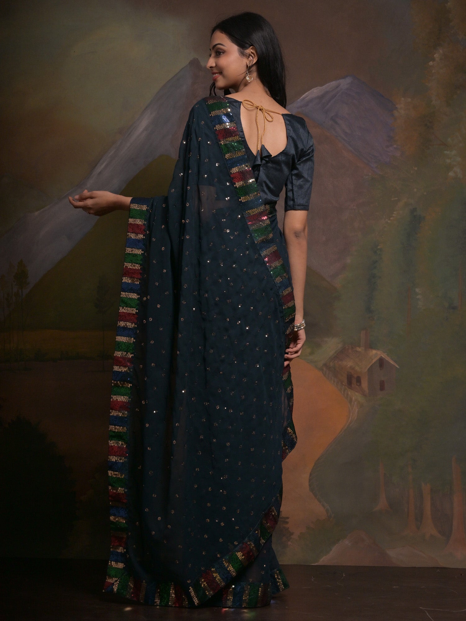 NOZ2TOZ Women's Georgette Teal blue Embellished Designer Saree With Blouse Piece - Distacart