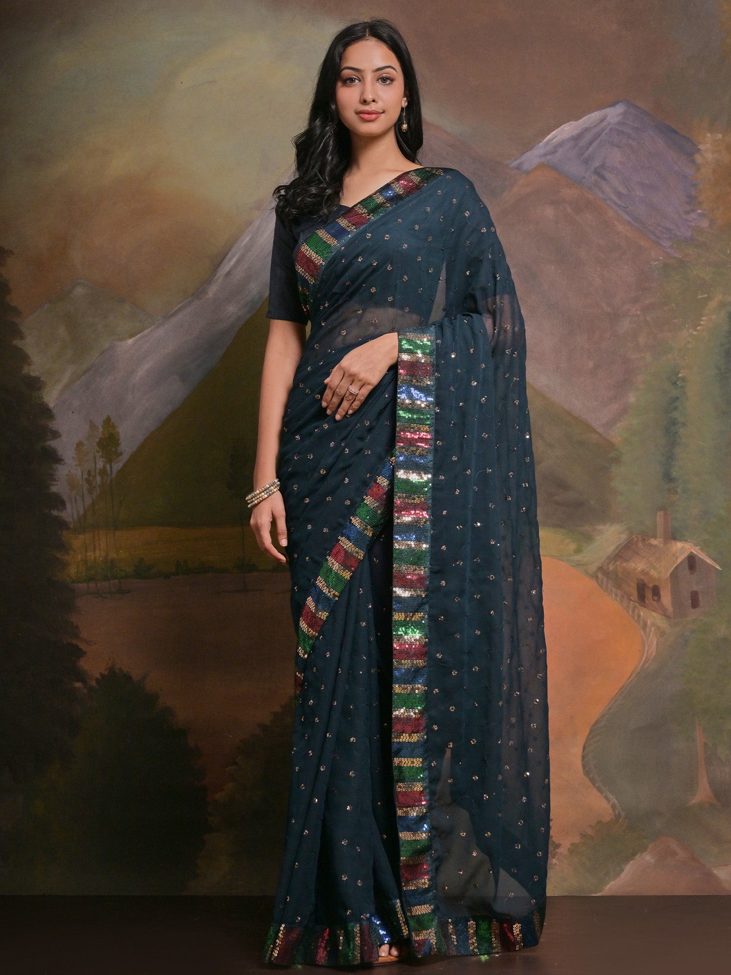 NOZ2TOZ Women's Georgette Teal blue Embellished Designer Saree With Blouse Piece - Distacart