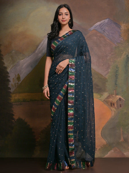 NOZ2TOZ Women's Georgette Teal blue Embellished Designer Saree With Blouse Piece - Distacart
