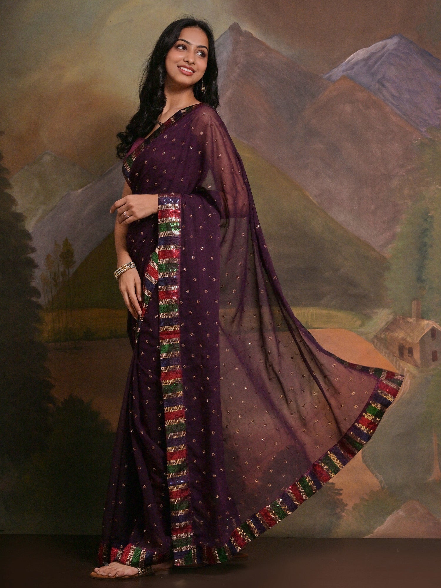 NOZ2TOZ Women's Georgette Purple Embellished Designer Saree With Blouse Piece - Distacart