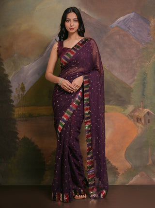 NOZ2TOZ Women's Georgette Purple Embellished Designer Saree With Blouse Piece - Distacart