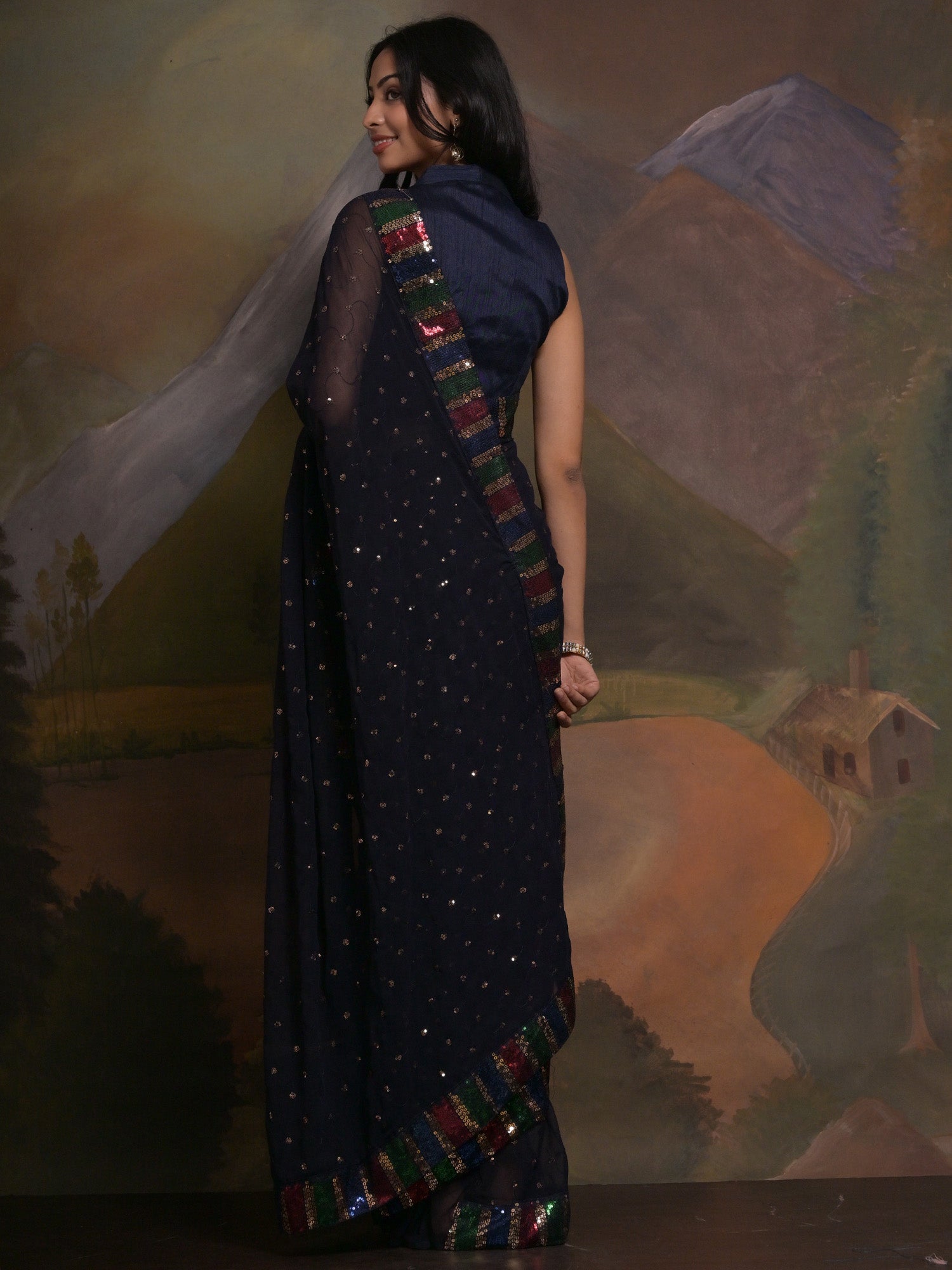 NOZ2TOZ Women's Georgette Navy Blue Embellished Designer Saree With Blouse Piece - Distacart