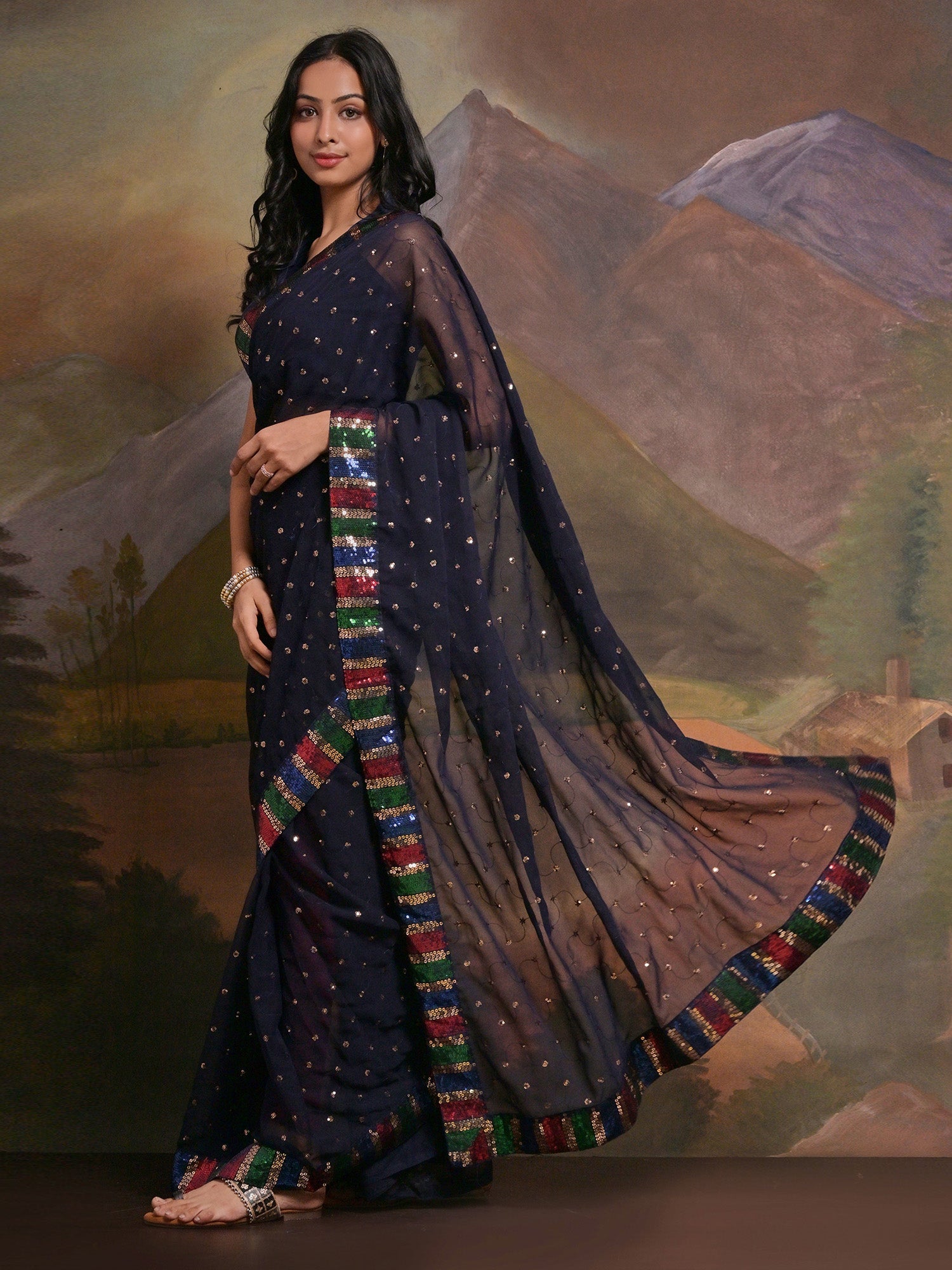 NOZ2TOZ Women's Georgette Navy Blue Embellished Designer Saree With Blouse Piece - Distacart