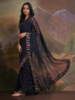 Thumbnail for NOZ2TOZ Women's Georgette Navy Blue Embellished Designer Saree With Blouse Piece - Distacart