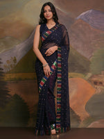 Thumbnail for NOZ2TOZ Women's Georgette Navy Blue Embellished Designer Saree With Blouse Piece - Distacart