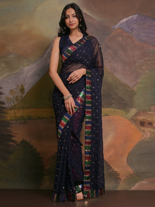 NOZ2TOZ Women's Georgette Navy Blue Embellished Designer Saree With Blouse Piece - Distacart