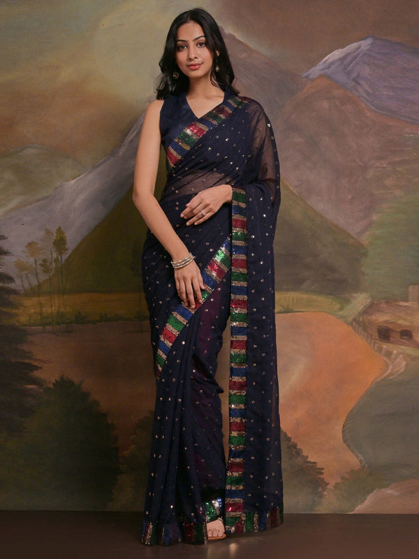 NOZ2TOZ Women's Georgette Navy Blue Embellished Designer Saree With Blouse Piece - Distacart
