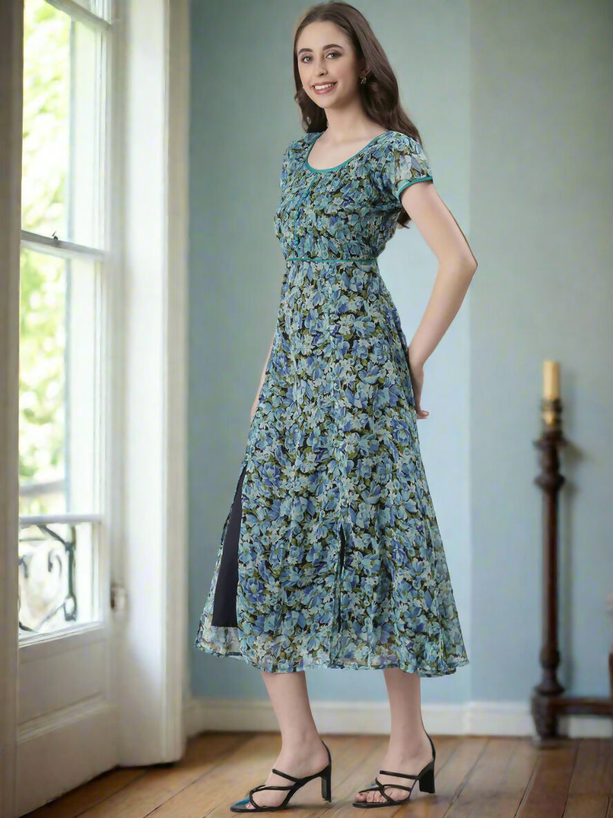 Souchii Teal & Blue Floral Printed Fit & Flare Dress
