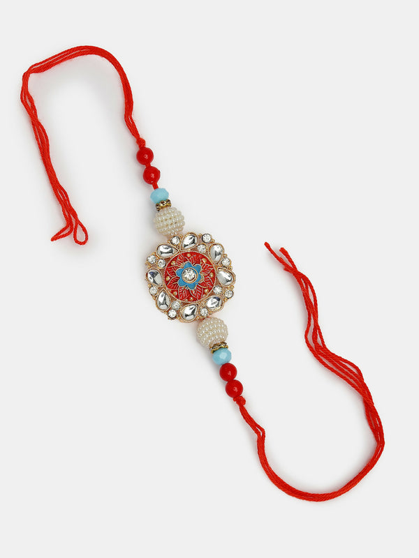 NVR Women & Men Set of 2 Red-colored Stone-Studded & Beaded Bhaiya Bhabhi Rakhi With Roli Chawal & Chocolate - Distacart