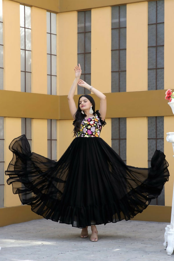 Jyoti Fashion Women's Black Sequins Thread Embroidery Faux Blooming Anarkali Dress - Distacart