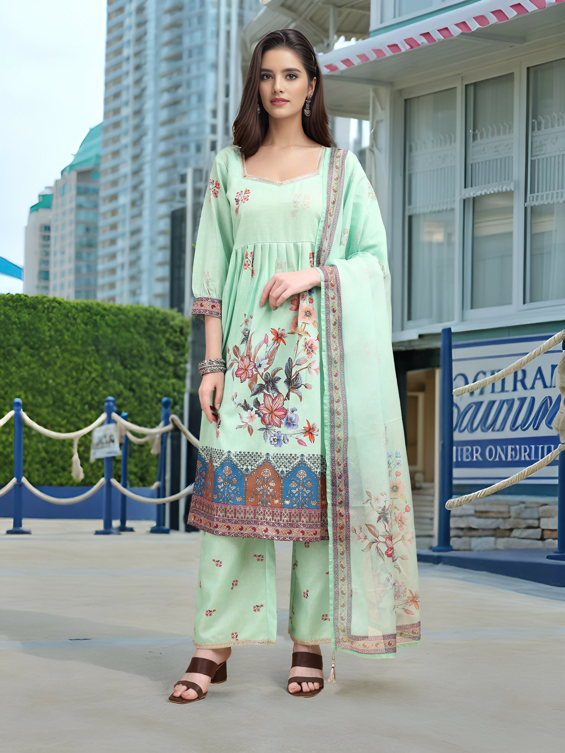 Joban Fashion Green Position Digital Print With Position Foil Kurta Set