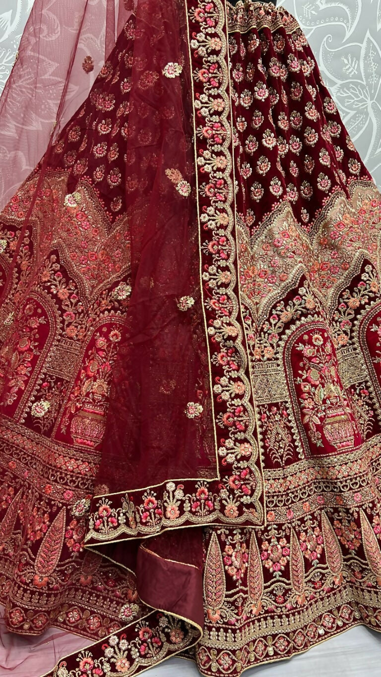 Jyoti Fashion Women's Maroon Velvet Multi Thread Embroidered with Zircon Diamond Wedding Lehenga Choli - Distacart
