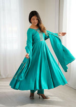 Thumbnail for The52 Women's Beautiful Embroidery Work Shimmer Chanderi Silk Fabric Flared Anarkali Pant and Dupatta Set - Distacart
