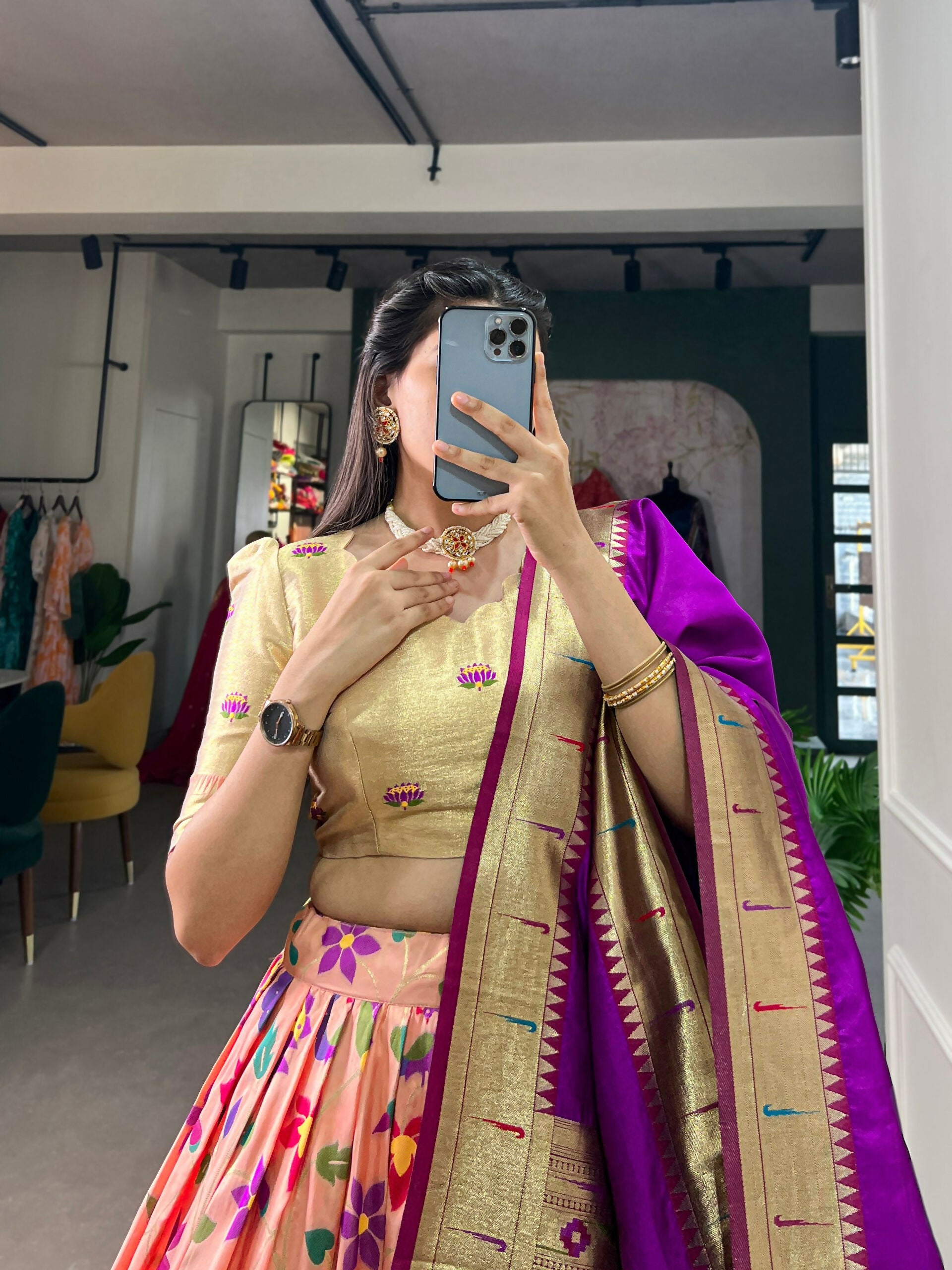 Vastranavya Traditional Jacquard Silk Paithani Lehenga Choli - Peach - Distacart