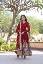 Thumbnail for Aastha Fashion Women's Maroon Faux Georgette Sequins Embroidered Anarkali Dress with Dupatta - Distacart