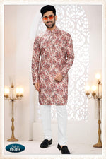 Thumbnail for Joban Fashion Men's Cream Base Straight Rayon Thread Embroidery All Over Kurta Set - Distacart